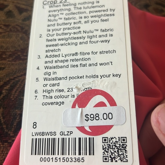 LULULEMON ALIGN HIGH RISE 23”CROP LEGGINGS GLAZE PINK COLOR SIZE 8 NWT - Picture 7 of 7